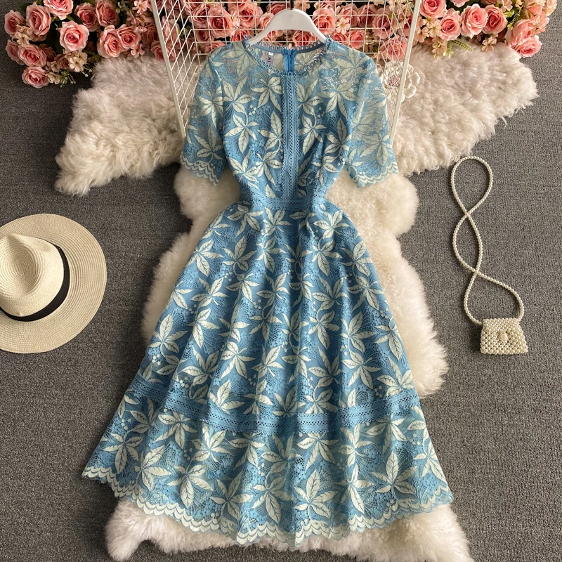 

Women's Spring Summer Runway Fashion Hollow Out Lace Dress Female ChicTravel Beach Party Dress TB1887