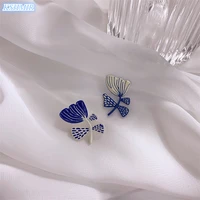 2021 korean new blue oil drips fresh flower earrings fashion temperament asymmetry gingko leaf earrings womens jewelry