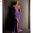 Фиолетовое длинное вечернее платье с блестками, облегающее платье на тонких бретельках с разрезом спереди, с глубоким вырезом, без рукавов, для выпускного вечера