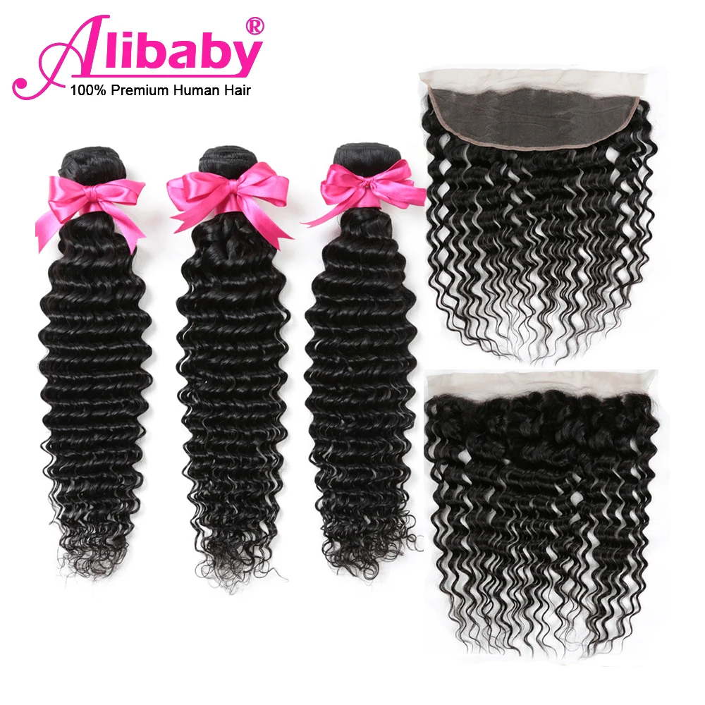 

Alibaby бразильские волосы 3 пряди с фронтальной глубокой волной кудряпряди с фронтальной Реми 100% человеческие волосы естественного цвета вол...