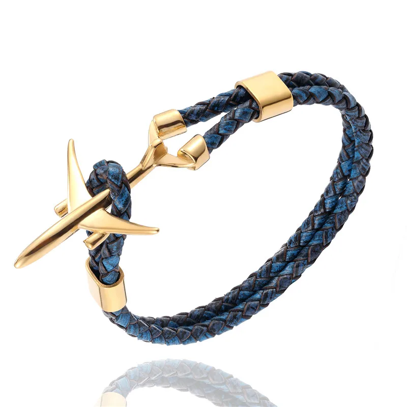 MKENDN Hot Sale Stainless Steel Airplane Anchor Bracelets Men Women Genuine Multilayer Leather Bracelet Freestyle Homme Jewelry