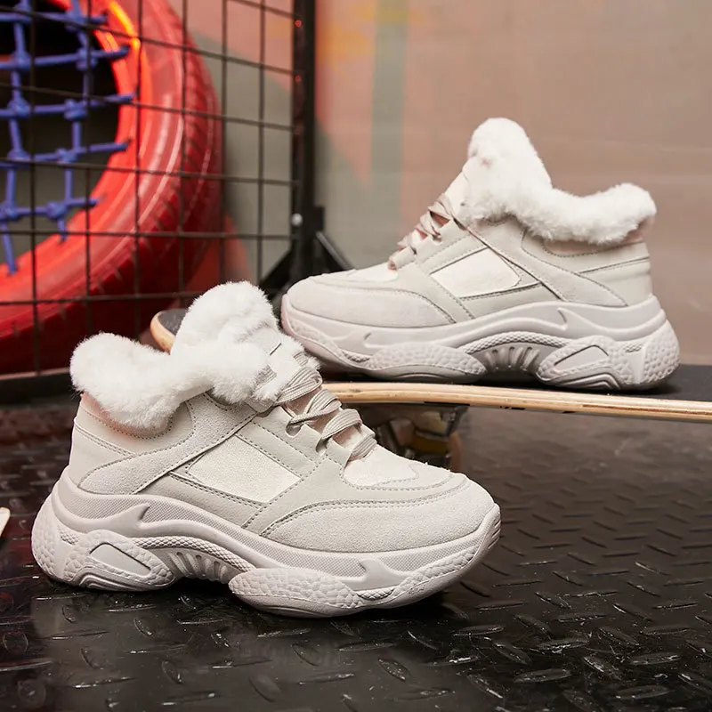 Женские зимние ботинки из вулканизированной кожи теплые замшевые с толстым