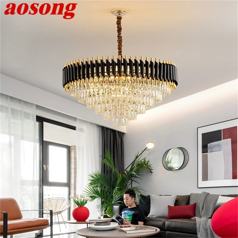 

AOSONG Black Chandelier Fixtures Postmodern Luxury Crystal Pendant Lamp Light Home LED for Living Dining Room