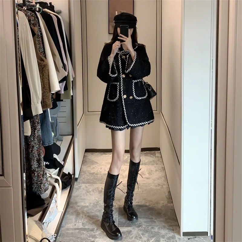 Возможно у женская черная твидовая двубортная Лоскутная Верхняя одежда на