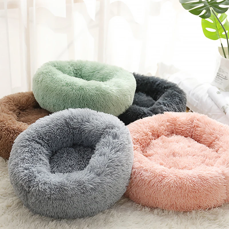 Кровать для домашних животных плюшевая кровать кошек пушистая круглая