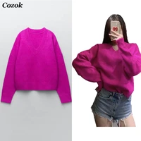 za 2021 autumn new women v neck soft touch loose knitted sweater casual long sleeve pullovers female chic brand tops