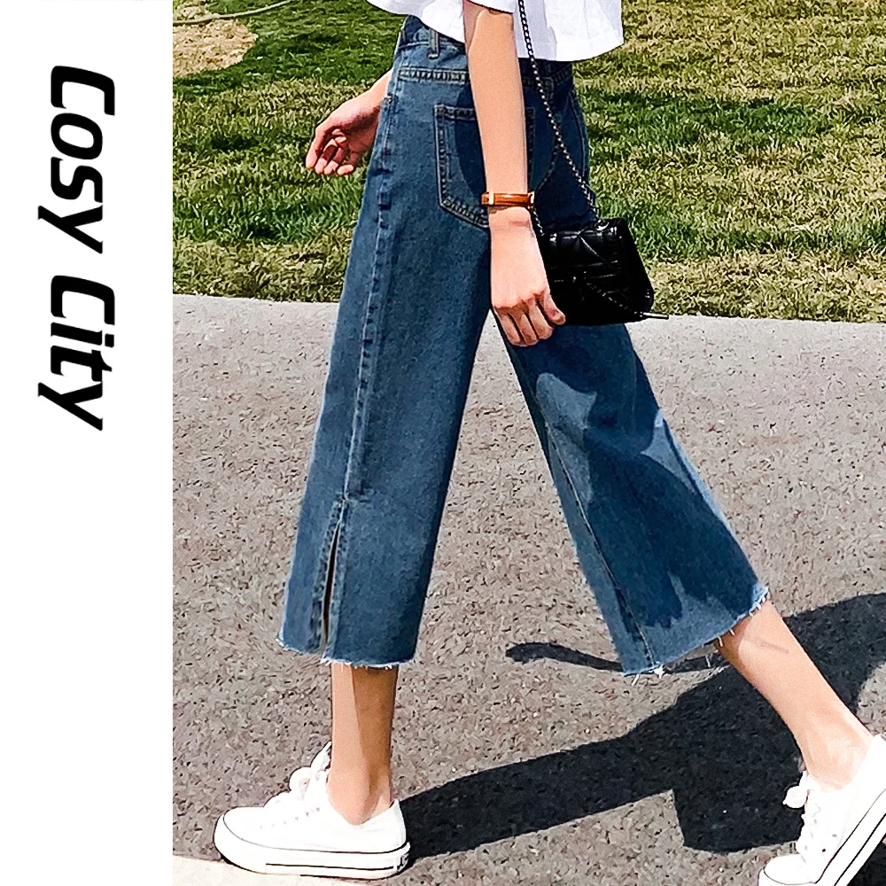 

2021 New Summer Korean Fashion Baggy High Waist Wide Leg Jeans With Slit Capris Pants For Women Girl Denim Lady Cropped Trousers