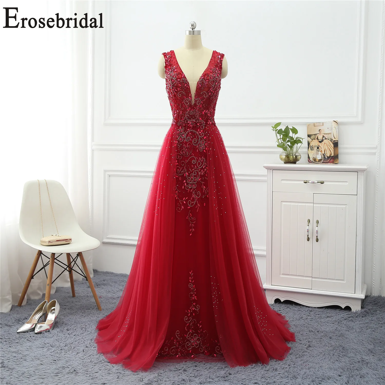Женское вечернее платье со шлейфом Erosebridal Красное длинное с V образным вырезом и