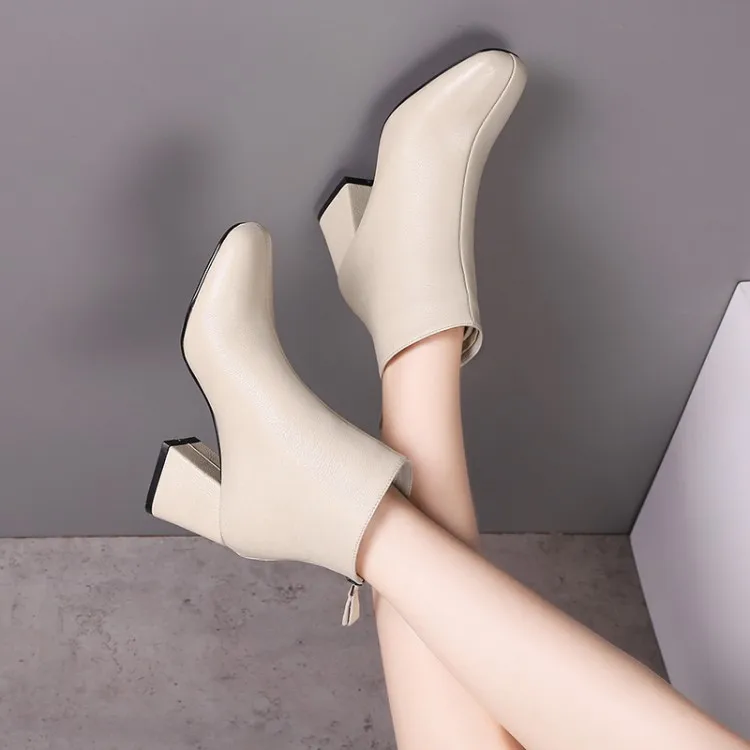 

MLJUESE 2021 women Ankle boots Cow leather Winter short plush Square Toe Zipper High heels female boots size 40