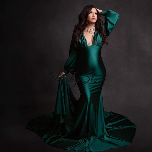 

Elegant Forest Green Satin Long Prom Gowns Round Train Puffy Latern Sleeves Mermaid Party Dress Robe Custom Made
