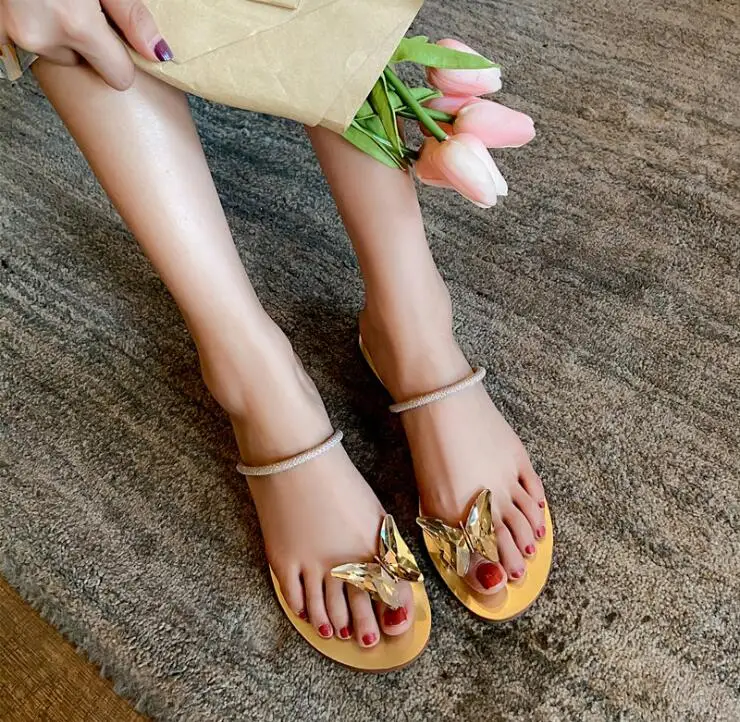 

summer 2020 new bow shoes over toe sheepskin flat rhinestones all-match fashionable beach sandals outdoor casual ms slippers