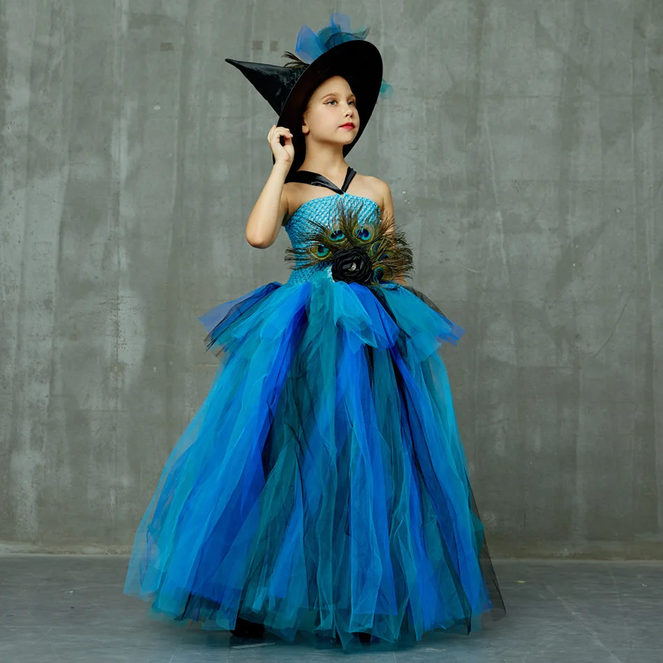 Girls Peacock Feather Flower Tutu Dress Halloween Costumes Baby Witch Hat Cosplay Outfits Kid Show Dress Purim Carnival Disguise