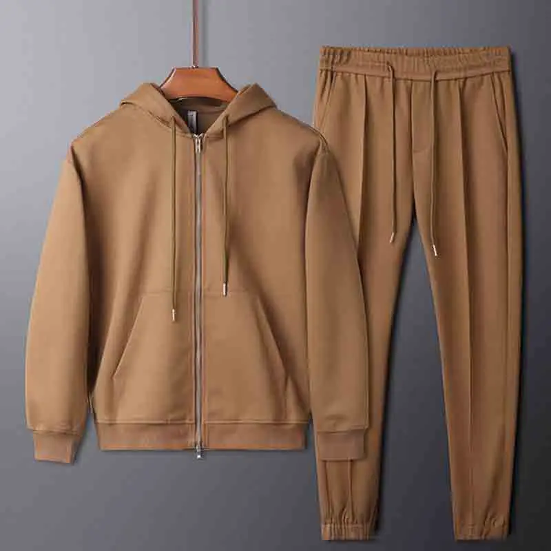 Warm khaki casual sports suit men's autumn and winter fashion simple hooded jacket and trousers two-piece suit
