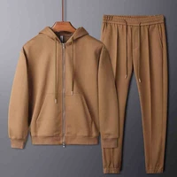 warm khaki casual sports suit mens autumn and winter fashion simple hooded jacket and trousers two piece suit
