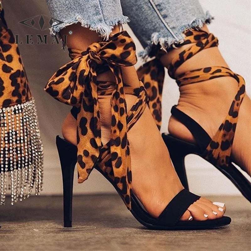 

New Leopard Print Stiletto Heel Women Sandals Ankle Lace Up High Heels Sandals Lady Party Shoes Tacones Altos Encadenados