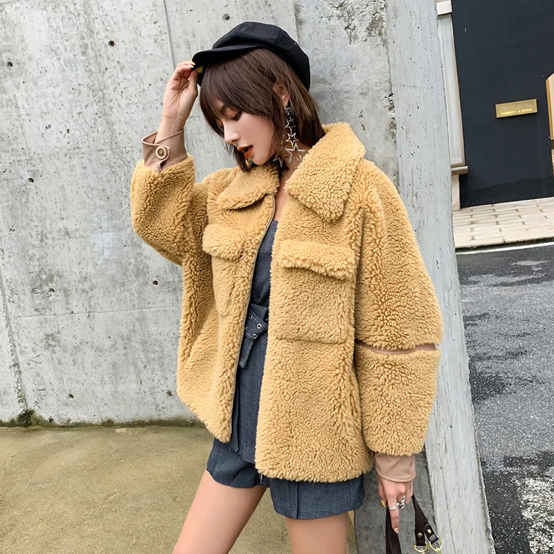 Yellow YYY1975 Плюшевое пальто из овчины меховая женская парка Тренч приталенное пальто зимняя короткая шерстяная куртка винтажная Высококачественная офисная пушистая куртка желтого цвета - Цвет: Yellow YYY1975