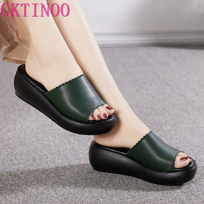 

GKTINOO Women Slipper's 2023 Ladies Summer Slippers Shoes Women Wedges Heels Fashion Summer Genuine Leather Shoes Platform