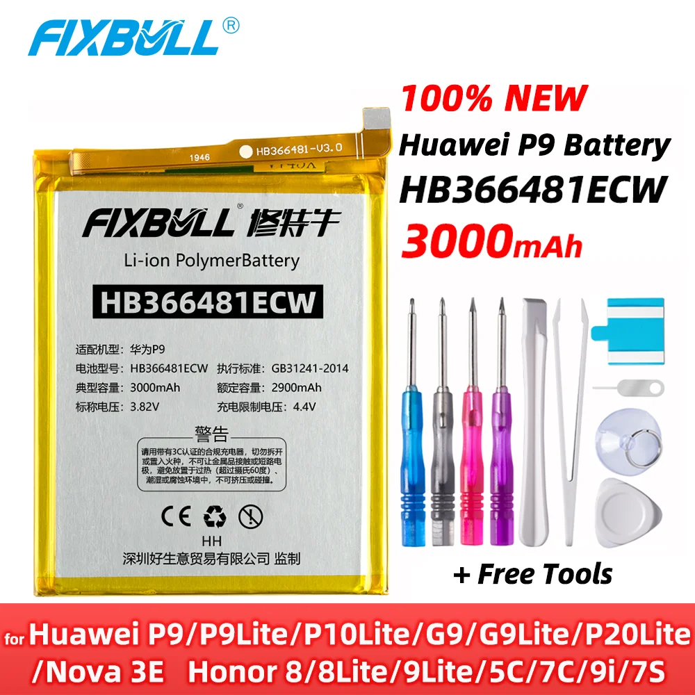 FIXBULL оригинальная HB366481ECW Мобильный телефон батарея для Huawei P9 G9 P10 P20 Lite Honor 8 5C 7C