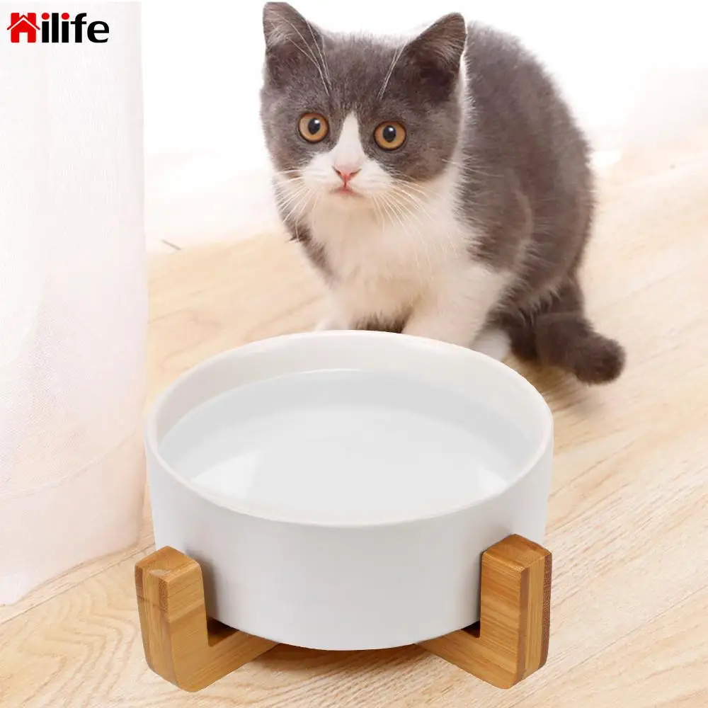 

400 ML Ceramic No Spill Protect The Cervical Spine Pet Food Water Feeder Cat Dog Bowl Dish with Wood Stand