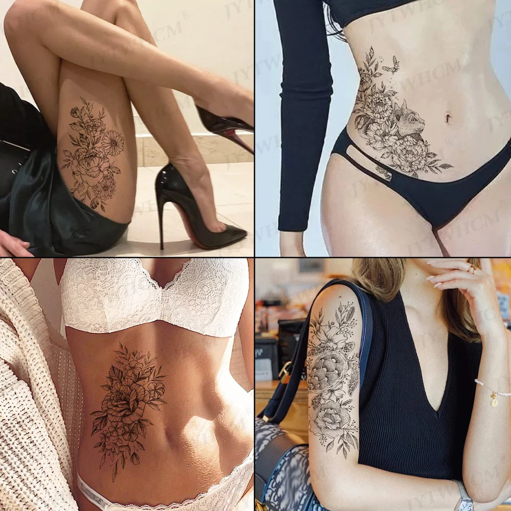 Черная татуировка стикер Мода цветок Роза пион черный водонепроницаемый