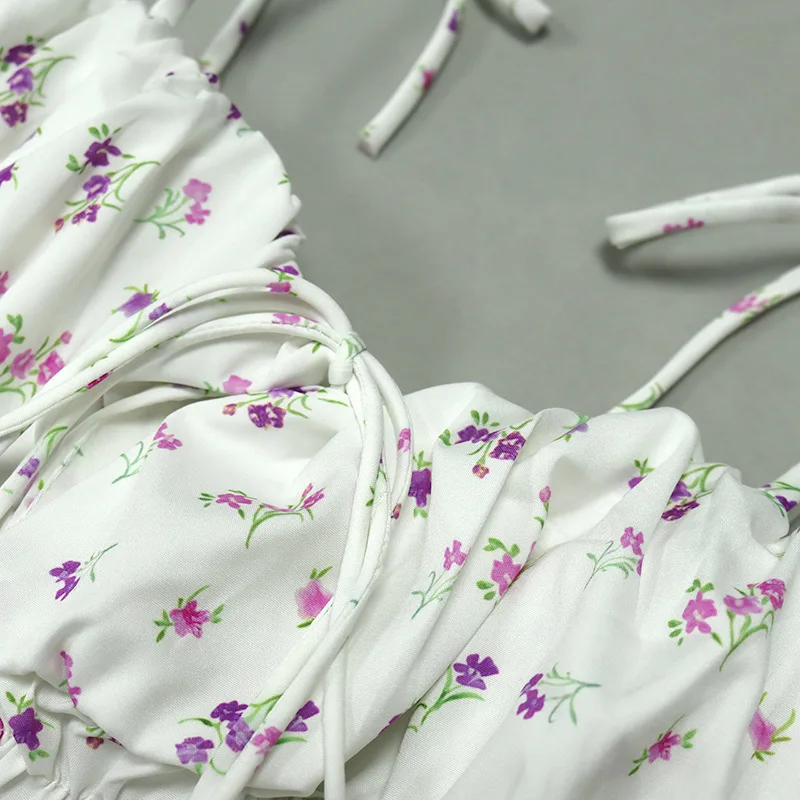 

Summer Floral Print Spaghetti Strap Dress Women's Lace Up Ruched Dress Ladies Cute Ruffle Bodycon Fashion Dress Robes
