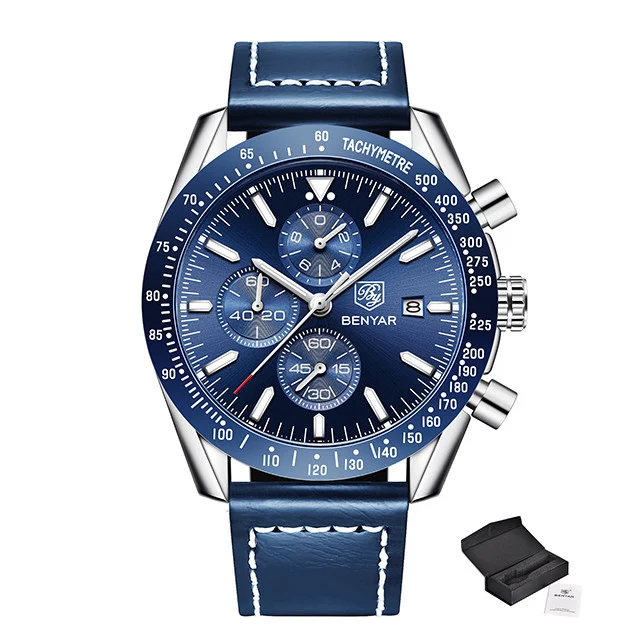 silver blue Новинка, мужские часы BENYAR, деловые, полностью стальные, кварцевые, Топ бренд, Роскошные, повседневные, водонепроницаемые, спортивные, мужские наручные часы, Relogio Masculino - Цвет: silver blue