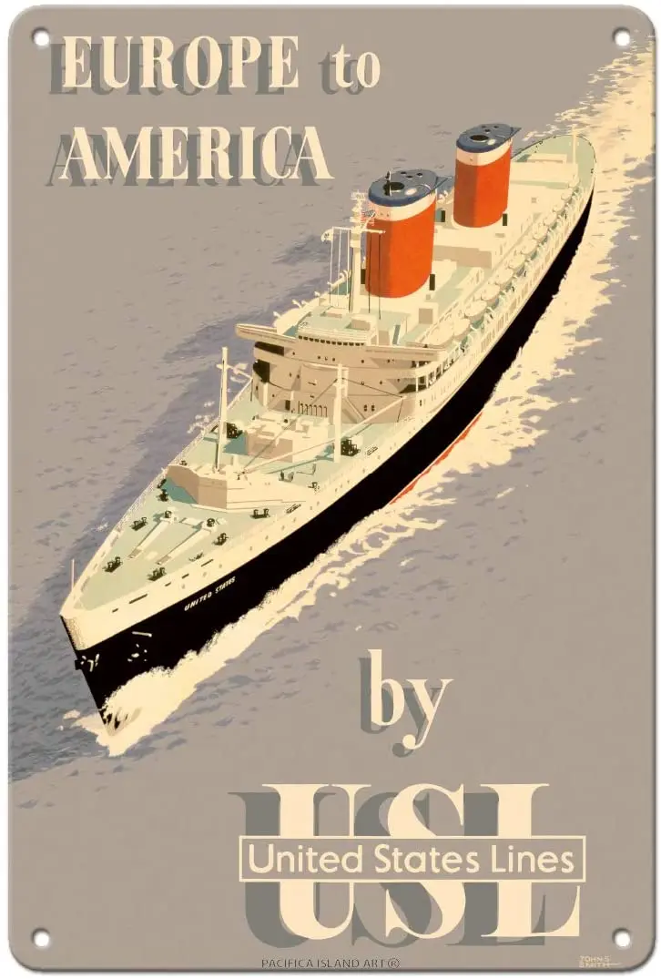

Pacifica Island Art Europe to America - by United States Lines - S.S. United States Ocean Liner - Vintage Ocean Liner Travel