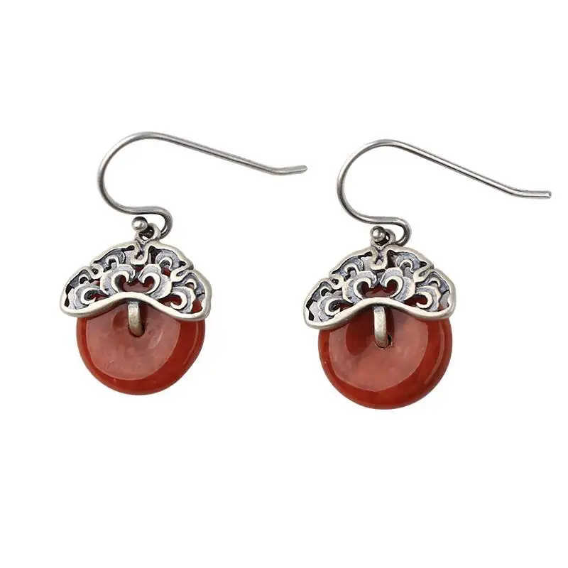 

[Red Stove] Natural South Red Agate Eardrops Chinese Style Earrings Antique Earrings S925 Sterling Silver Women's Retro Classic