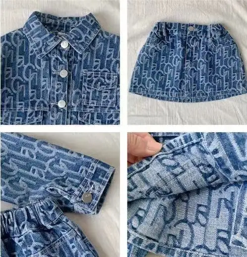 

80-130cm Baby Girl Denim Jacket and Skirts 2pcs Sets for Toddler Kids Printed Long Sleeve Coat + Skirt Fashion Girls Jeans Suits