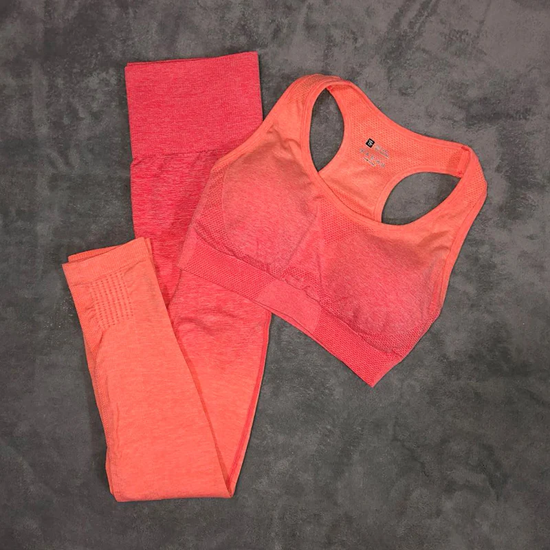 orange set Спортивный комплект, тренировочная одежда, женские бесшовные Легинсы+ спортивный бюстгальтер, 2 предмета, спортивная одежда, женская спортивная одежда, бесшовный комплект для йоги с эффектом омбре - Цвет: orange set