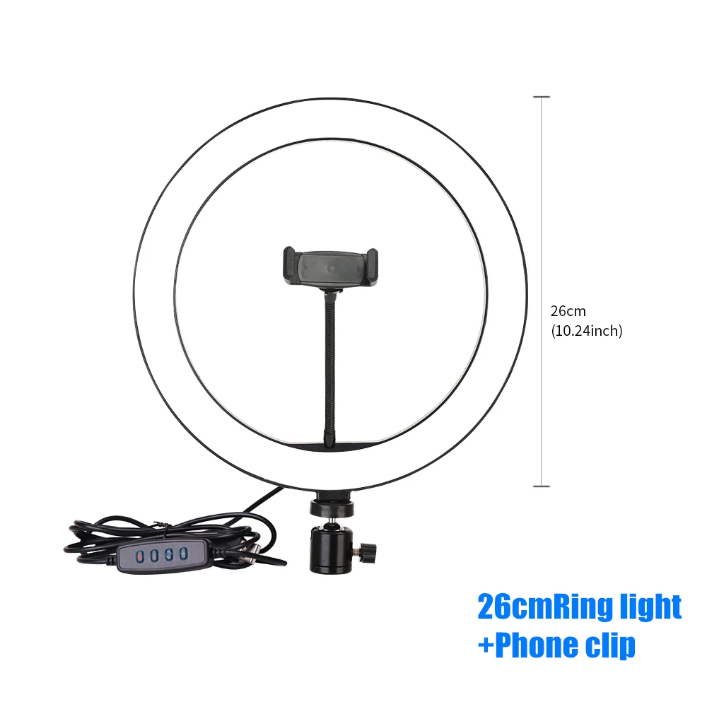 26cm with clip 10 дюймов 26 см кольцевой светильник светодиодный Тип ручки плавное затемнение красота заполняющий светильник мобильный телефон живой светильник для всех мобильных телефонов, камер - Цвет: 26cm with clip
