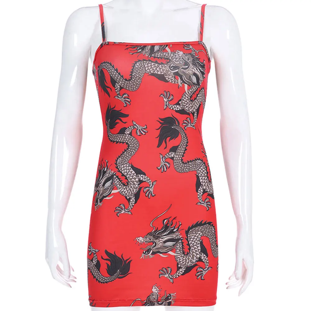 

Jocoo Jolee Women Chinese Style Dragon Print Mini Dress Sexy Strap Sleeveless Bodycon Dress Elegant Slash Neck Bandage Dress