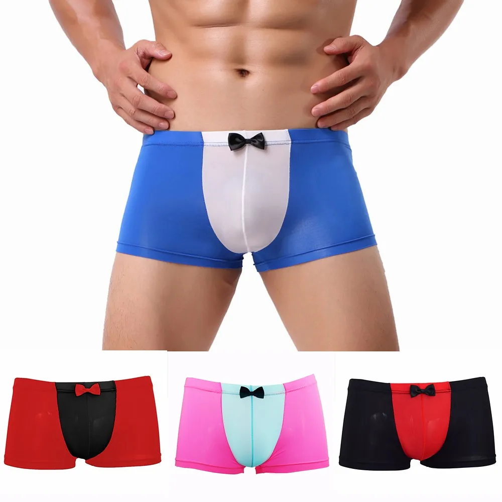 

Men Ice Silk Tie Underwear Bow Sexy Breathable Transparent Boxer Briefs Panties U Convex Pouch Shorts Male Ultra-Thin Boxershort