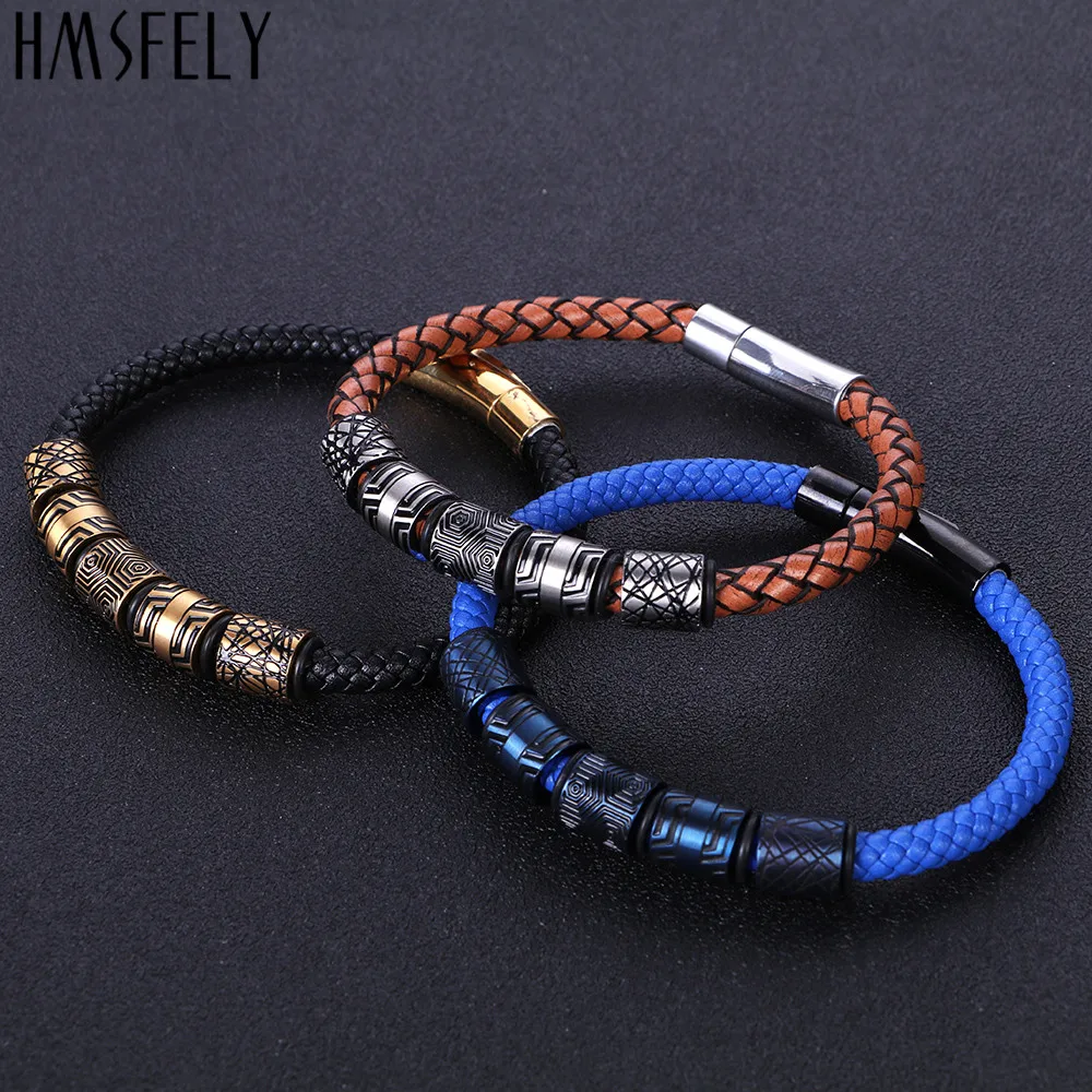 Мужской кожаный браслет HMSFELY синий и золотой бисер браслеты ювелирные изделия