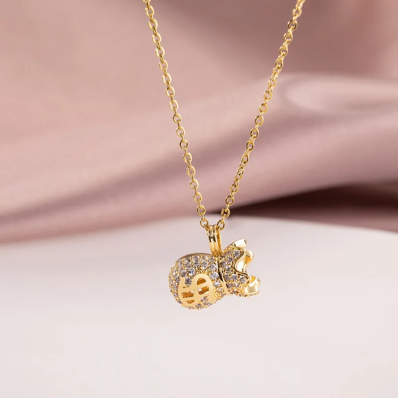 

Модное ожерелье с подвеской в виде кошелька с цирконом для женщин и девушек, медные Подвески, цепочка из нержавеющей стали, чокер, ювелирные ...