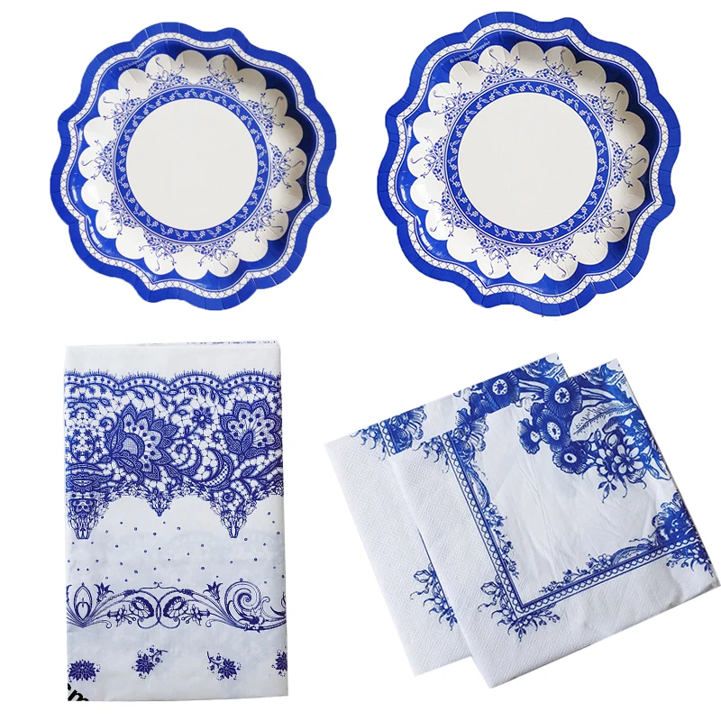 37 шт./партия синяя и белая бумага имитирующая фарфор тарелки лоток Цветочные