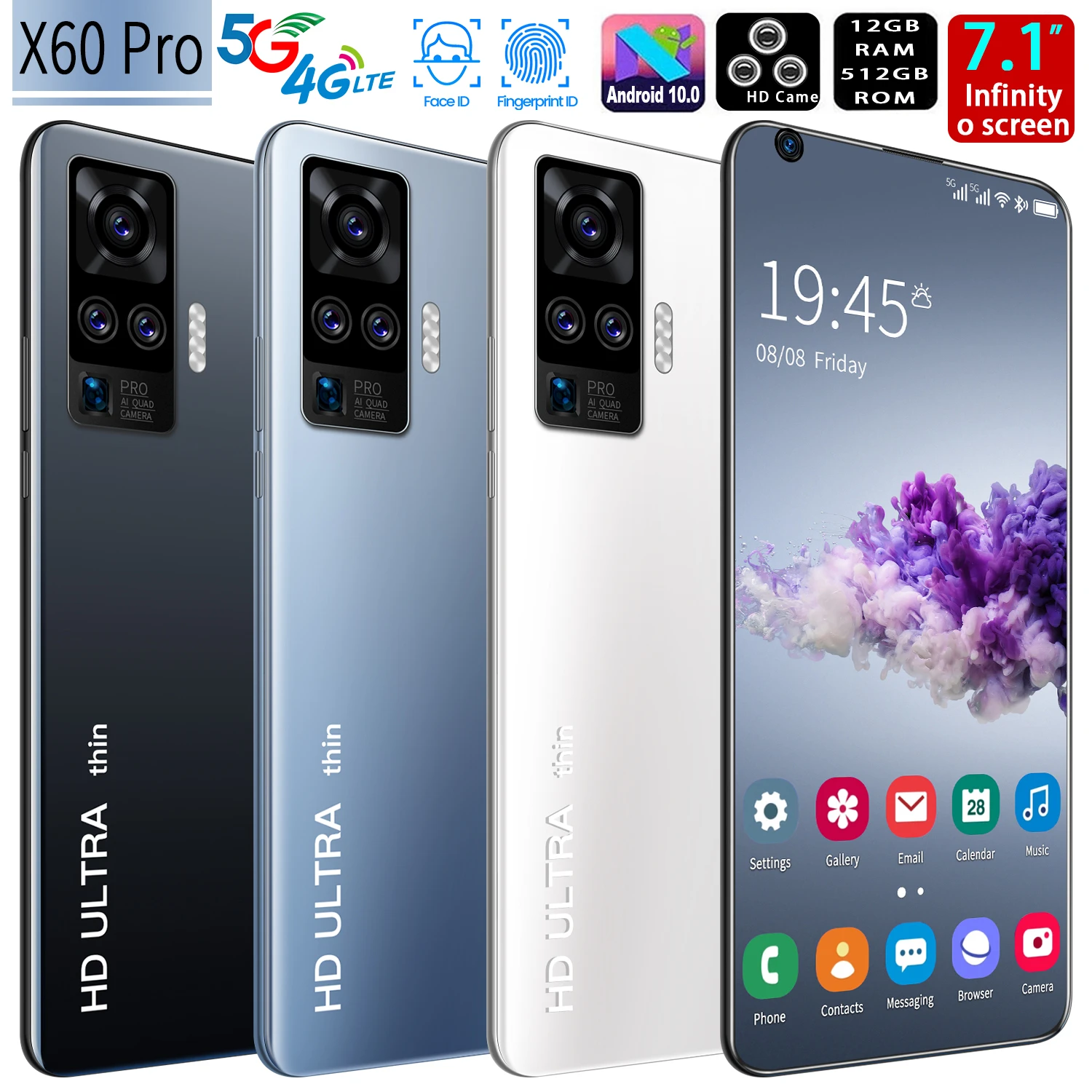 

Global edition X60PRO Android10 12-512GB large MEMORY 5G 5600 mah 7.1-inch large screen MTK6799 10 core fashion smartphone