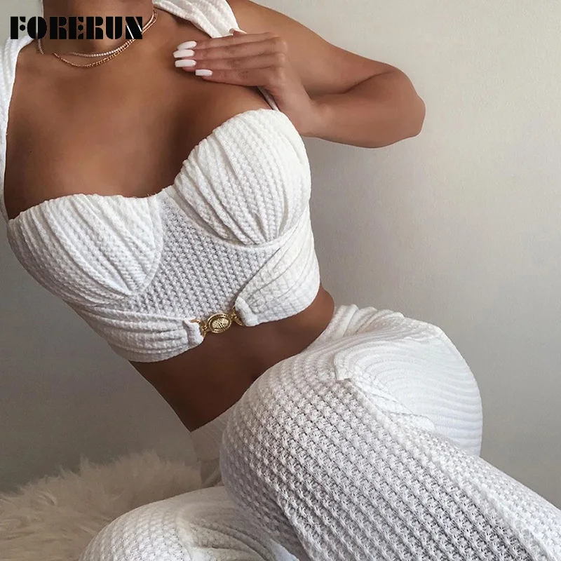 

Женский спортивный костюм FORERUN, сексуальный укороченный топ с квадратным вырезом и высокой талией и широкие брюки, осень 2021, модные подходящ...