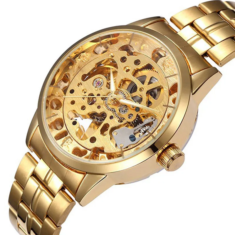 

SHENHUA Watch Men Gold Skeleton Watches Full Steel Automatic Mechanical Wristwatches Men Business Watches Relogio Masculino 2020