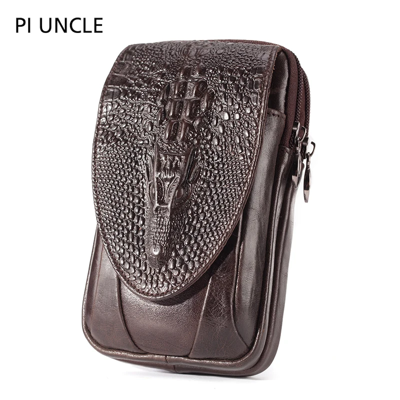 Genuine Leather Men's Waist Fanny Pack Mobile Phone Pouch Soft Cowhide Cross Body Zipper Money Purses Hip Bum Belt Bags For Men - Color: Large coffee