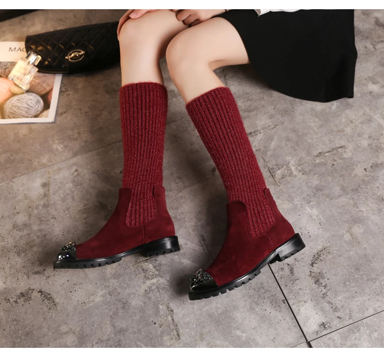 Botas Mujer; зимние вязаные сапоги; женские сапоги до середины икры; Bota Feminina; обувь со стразами; женские эластичные сапоги; Botines Mujer; коллекция года; Zapatos De Mujer