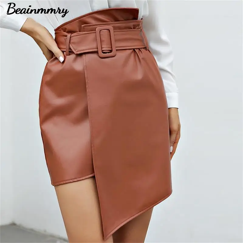 

Women Brown Faux PU Leather Mini Skirt 2021 Autumn New Irregular High Waist With Belts Female Sexy Slim Short Skirts