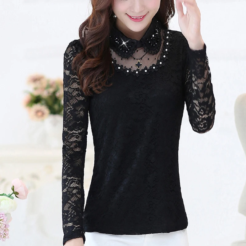 Womens tops and blouses 2020 lace blouse women black shirts Diamonds Solid Peter pan Collar plus size blusas 7144 50 |