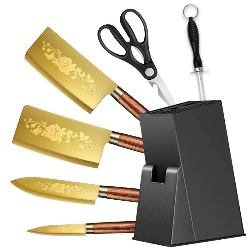 Golden Titanium Plated 4 in 1 Kitchen Knives Bone Butcher Cleaver Chef Silcing Knives Fruit Meat Cutters