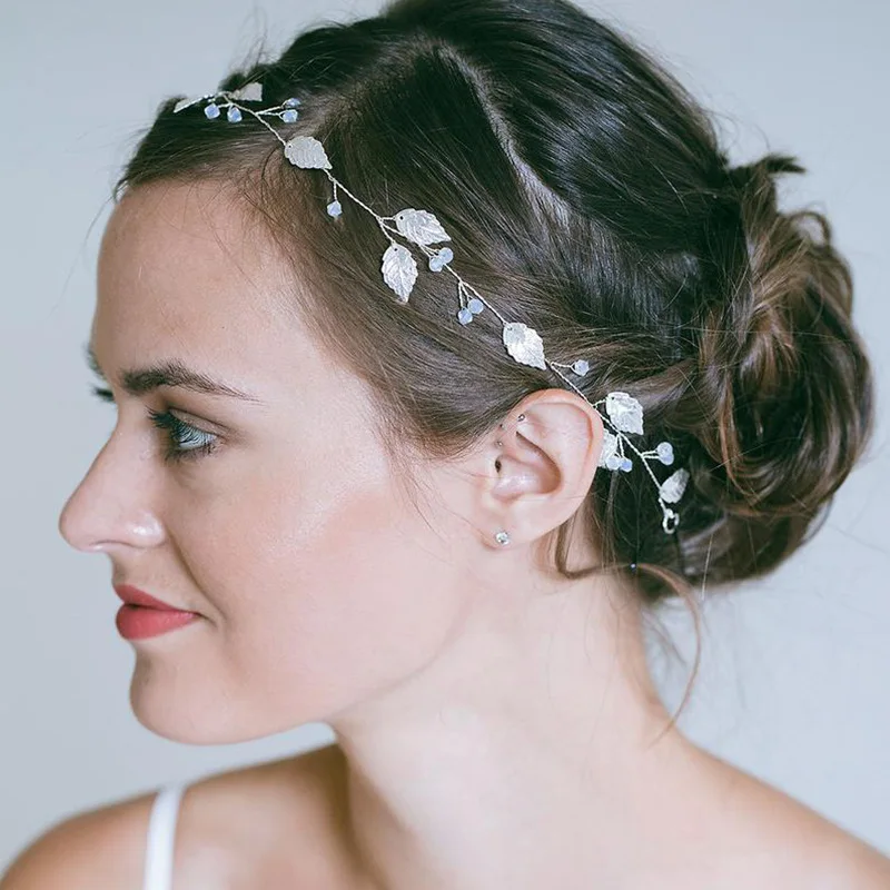 Женская повязка на голову с листьями FORSEVEN розово-золотистая кристаллами и