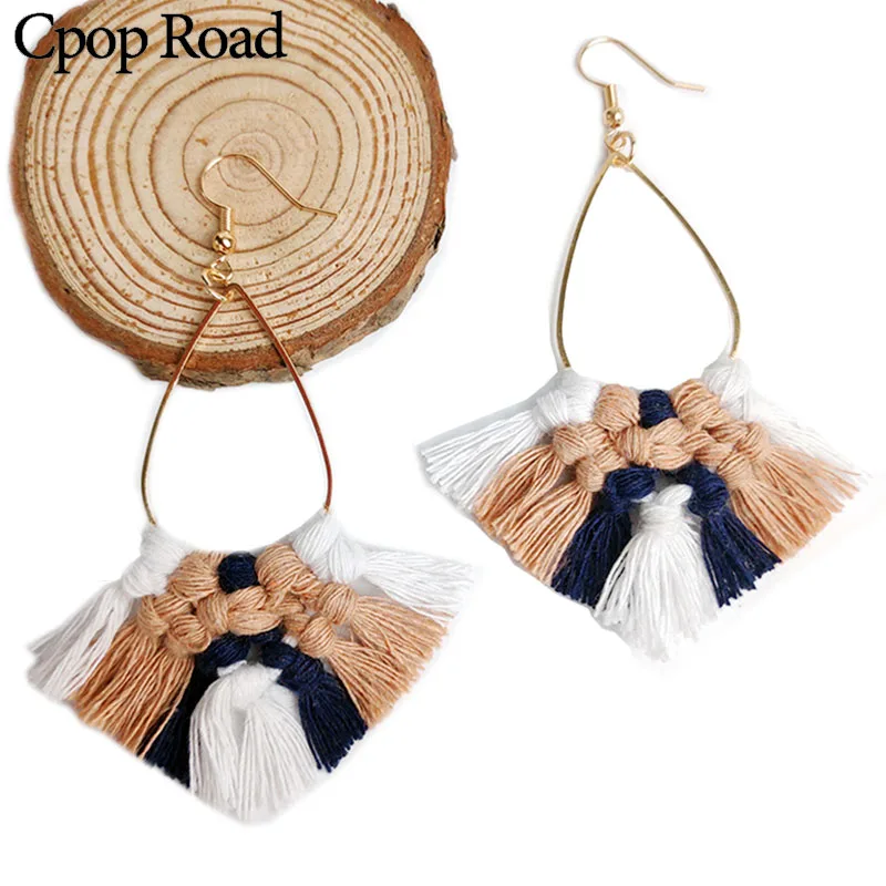 Cpop Boho ручной работы плетеный серьги плетением макраме элегантные Этнические хлопчатобумажные нитки, кисточки, серьги ювелирные изделия подружки невесты горячая распродажа женский подарок