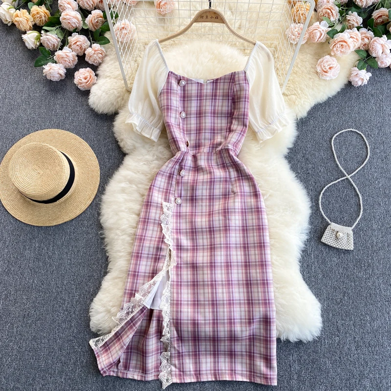 

Summer Lace Patchwork Dresses Women Plaid 2021 Pink Clothes Short Sleeve High Split Midi Dress Harajuku Cottagecore Robe New