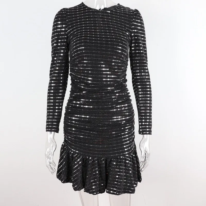 

2020 Spring Sexy Women Black Sequin Dress Vintage Fashion Round Neck Long Sleeve Short Dresses Tight Party Dress Women L1003