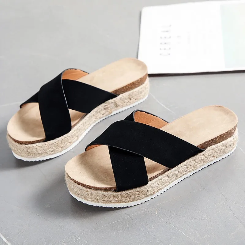New Women Slippers Summer Woman Platform Leopards Slides Ladies Cross Band Wedges Women's High Increase Open Toe Shoes