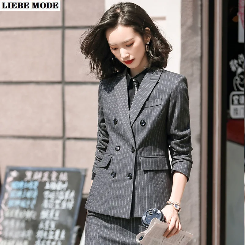 Women's Suit with A Skirt Office Uniform Design Women Blazer and Skirt Set Striped 2 Pieces Double Breasted Blazer Skirt Suit